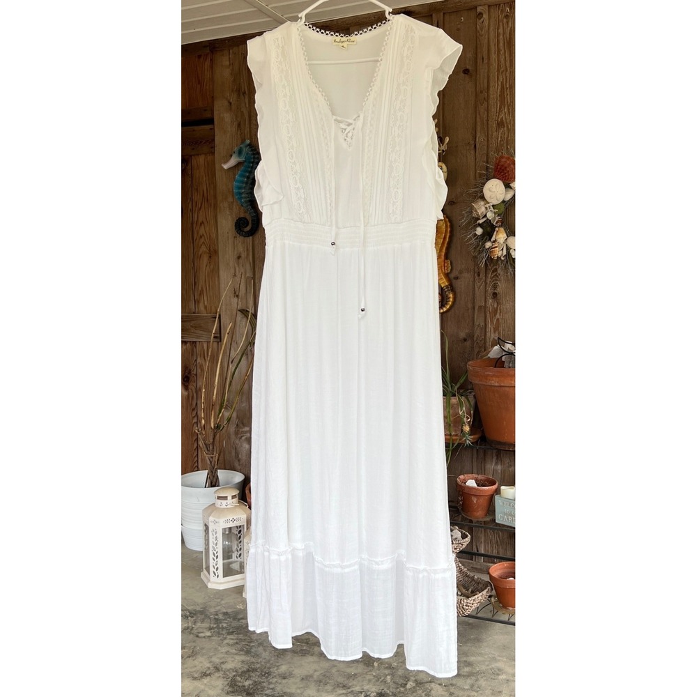 Indigo Rose White Lace Maxi Dress XL MDW1894 Smocked Waist Flutter Sleeve Boho